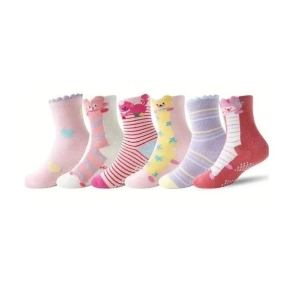 Girls Grip Anti-slip Animal Crew Cotton Socks 3-5 YO Whimsical Funny Cartoon 6pk
